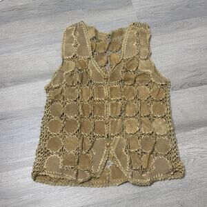 vintage 1970's vest crochet and leather suede brown hippie Size Medium